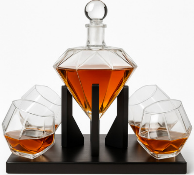 Diamond Glass Lid Decanter Set 4 x Glasses