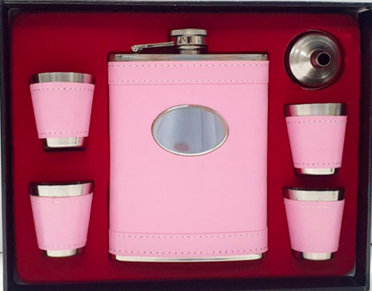 Pink Leather Flask Set